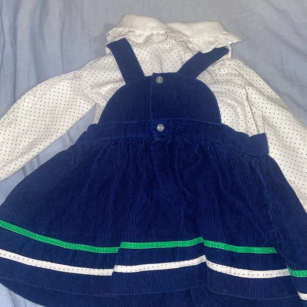 vintage navy blue corduroy jumper dress and white polka dot‎ collared blouse set